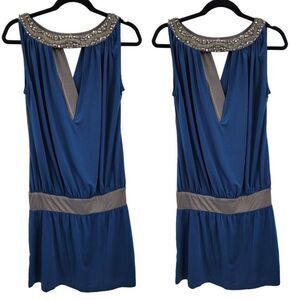 Gracia Dress M Blue Gray Color Blocked Mini Beaded Grecian Toga Medieval Cosplay